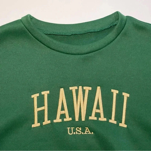 SHEIN Cozy Embroidered Gold HAWAII USA Green Crewneck Sweater Size SM/US 4 - Picture 4 of 14